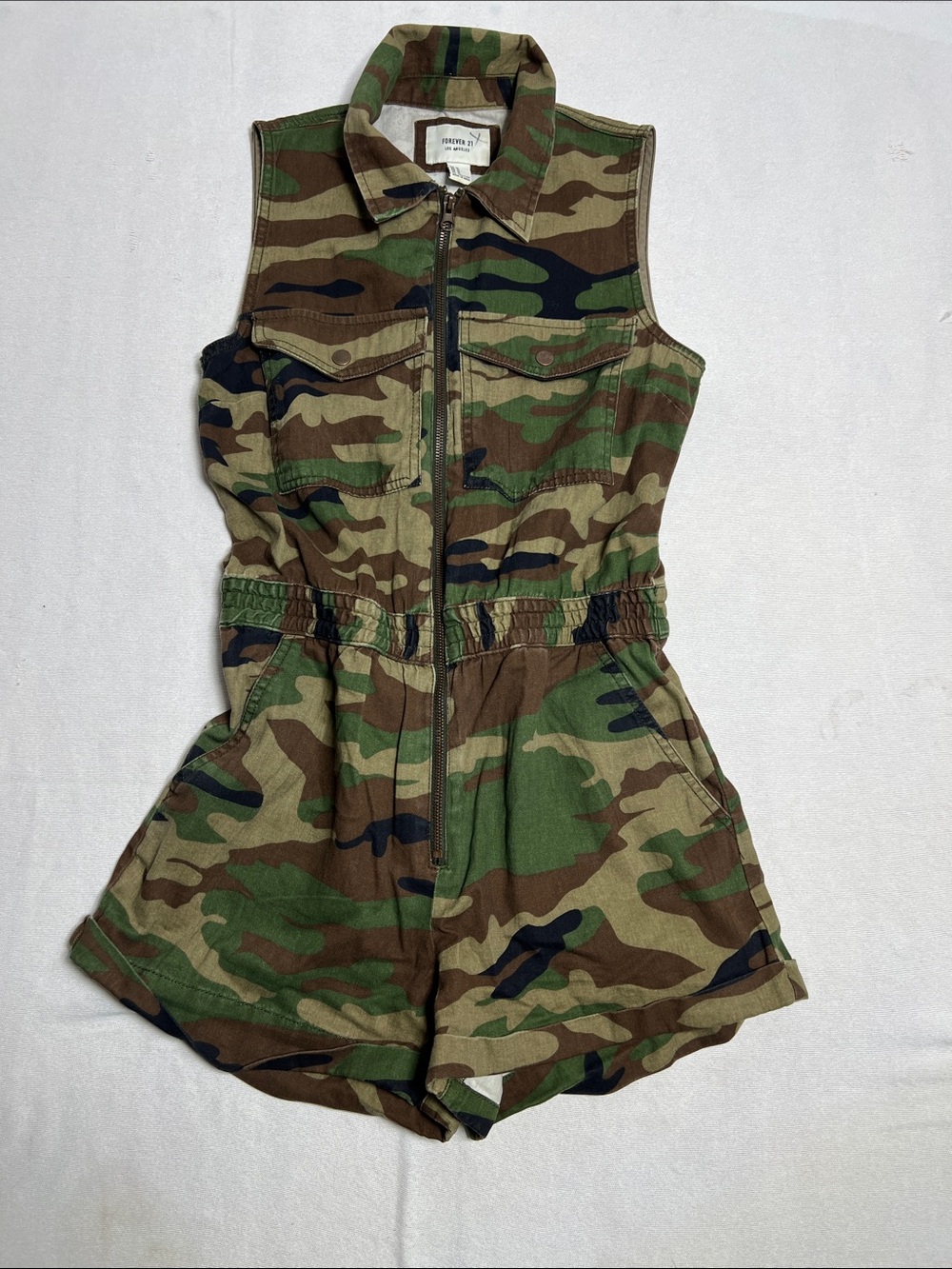 Forever 21 women’s Green Camo Zip-Front Romper